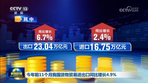 今年前11個月我國貨物貿(mào)易進出口同比增長4.9%